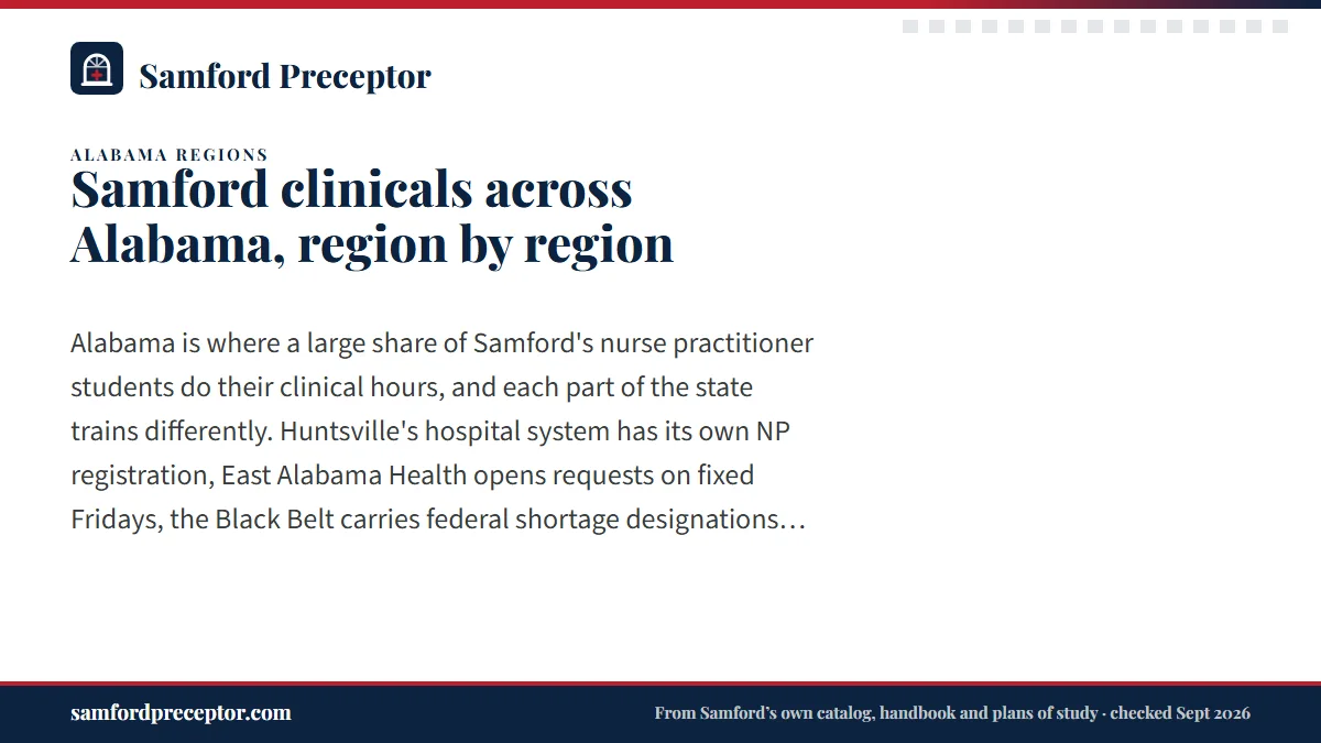 Samford clinicals across Alabama, region by region. Alabama is where a large share of Samford's nurse practitioner students do their clinical hours, and each part of the state trains differently. Huntsville's hos