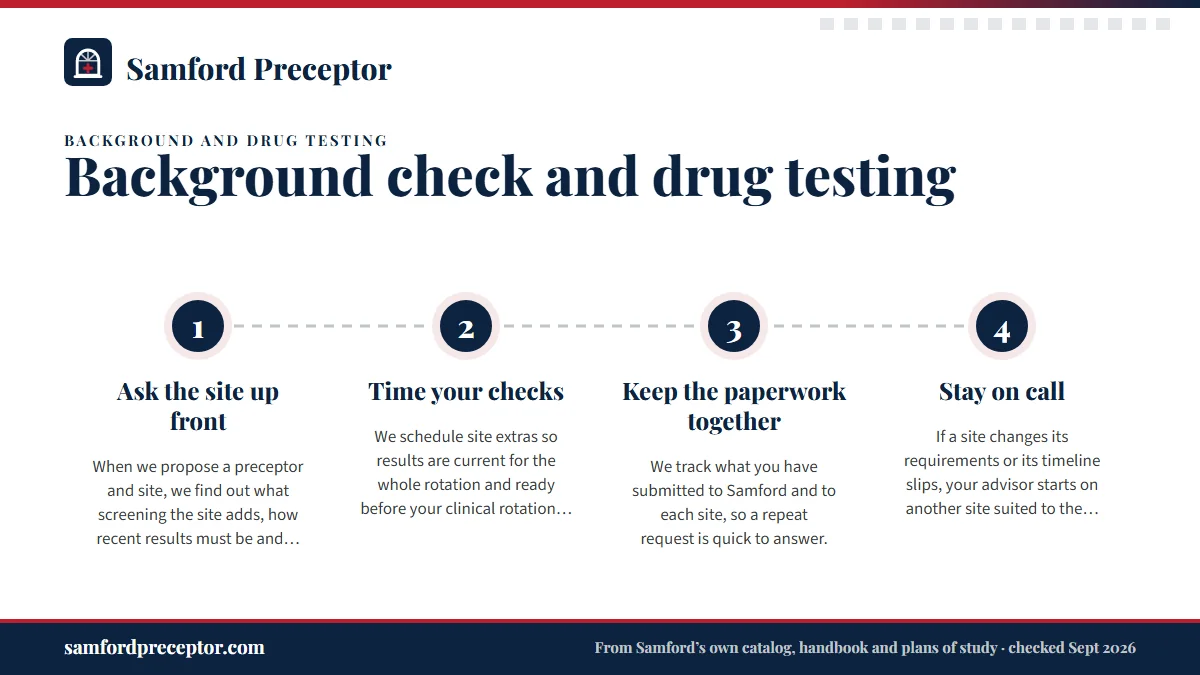 Numbered steps. How we keep screening from delaying your rotation: 1 Ask the site up front; 2 Time your checks; 3 Keep the paperwork together; 4 Stay on call.