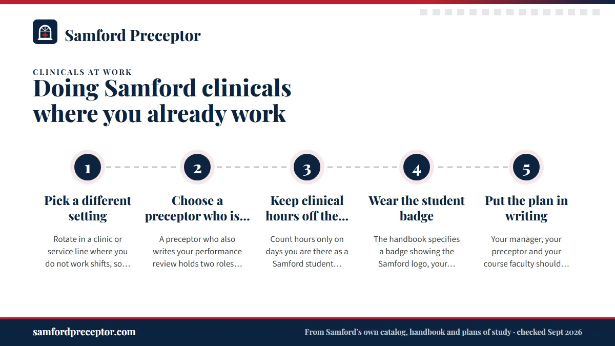 Numbered steps. Keeping student hours separate from your job: 1 Pick a different setting; 2 Choose a preceptor who is not your manager; 3 Keep clinical hours off the clock; 4 Wear the student badge; 5 Put the plan in writing.