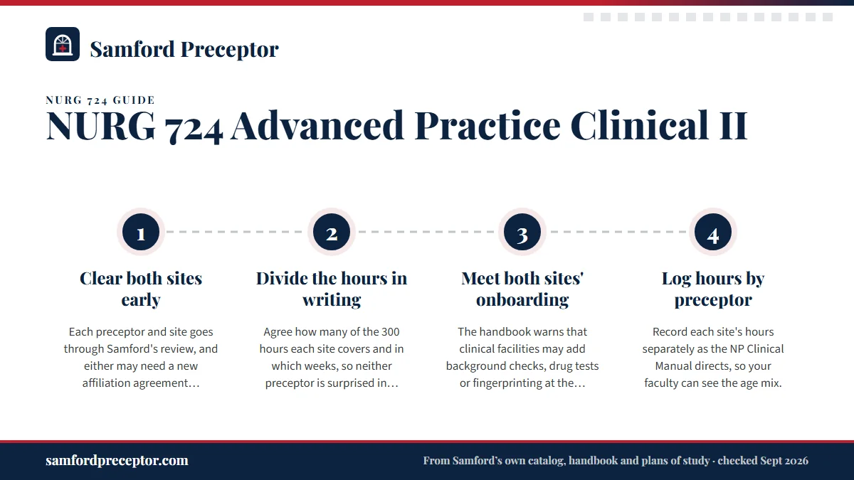 Numbered steps. Two sites, one course: 1 Clear both sites early; 2 Divide the hours in writing; 3 Meet both sites' onboarding; 4 Log hours by preceptor.